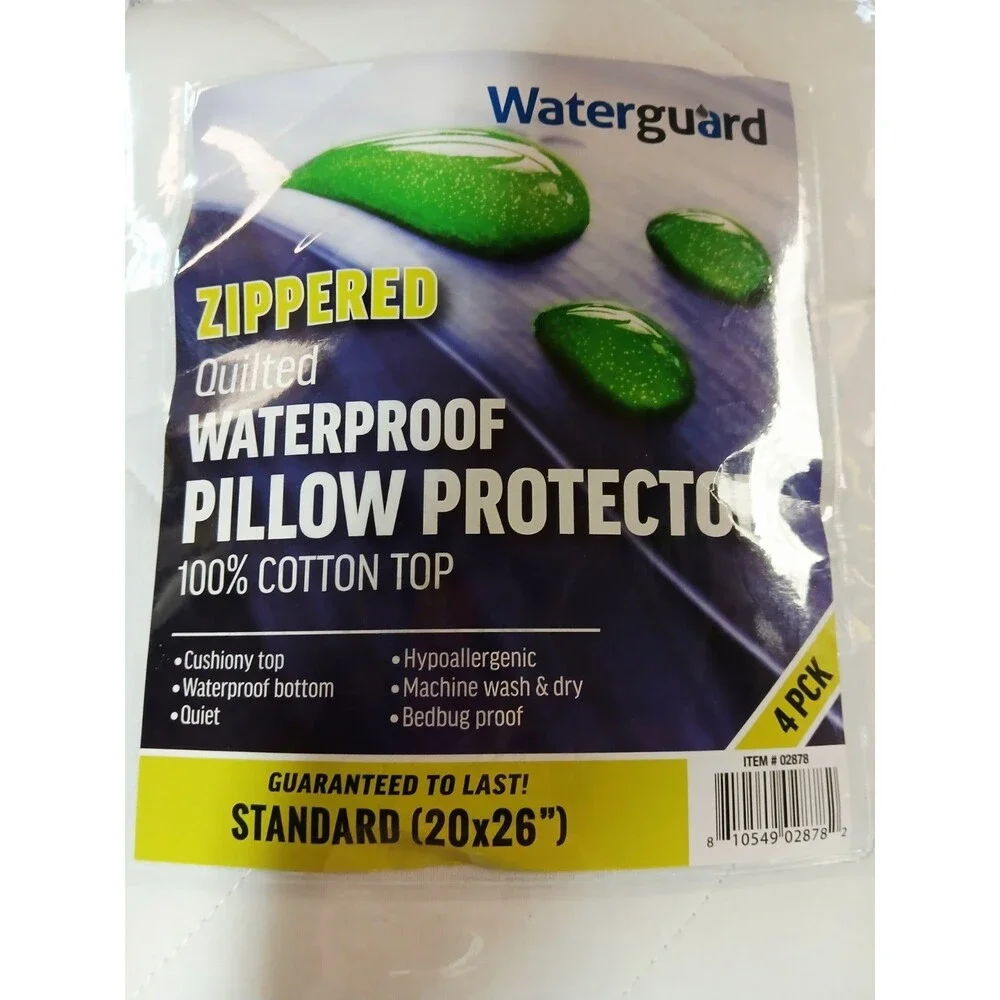 Waterguard Standard Pillow Protectors 4 Pack Zip Waterproof Hypoallergenic